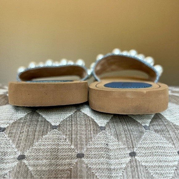 Stuart Weitzman Blue Denim Slide Flat Slip On Sandal Shoes w/ Pearls Women 5 B - Picture 10 of 14